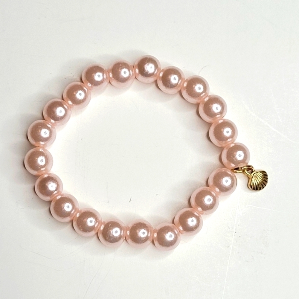 Girl's Faux Pink Pearls with Gold Tone Sea Shell Pendant Bracelet